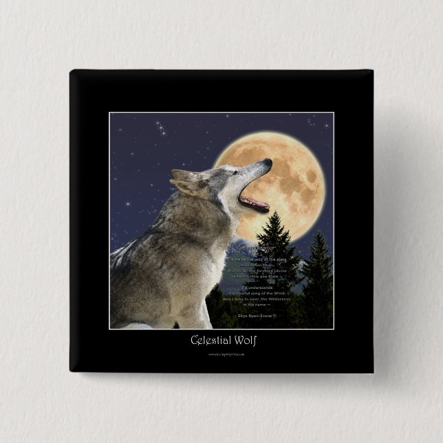 Howling Varg & Måne Wildlife Art Button Knapp (Framsida)