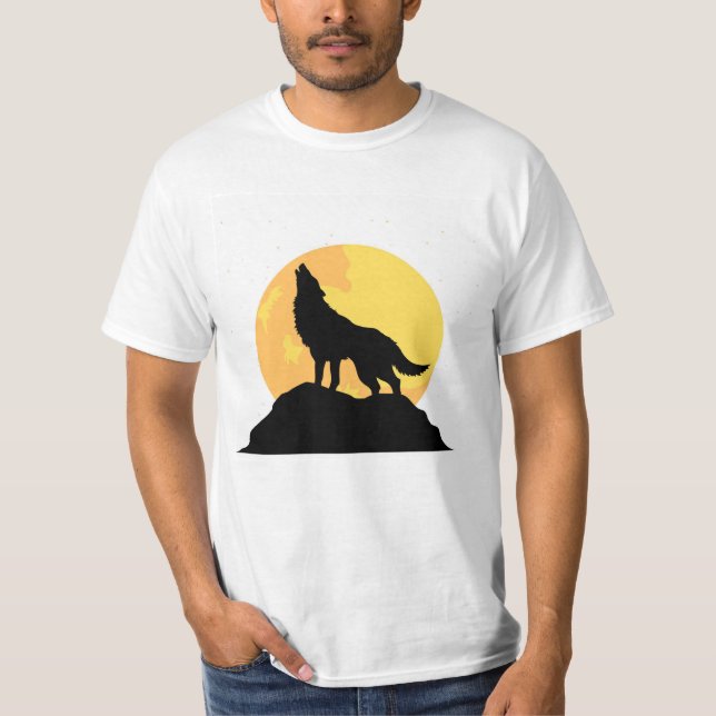 Howling Varg Silhouette med hel måne T Shirt (Framsida)