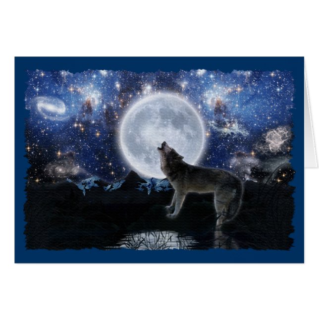 HOWLING VARG, STARS & MÅNE Wildlife Card Hälsningskort (Framsidan Horizontal)