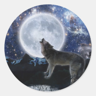 HOWLING VARG, STARS & MÅNE Wildlife Stickers Runt Klistermärke