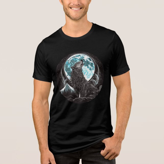 Howling Wolf and Blue Full Moon T Shirt (Framsida)