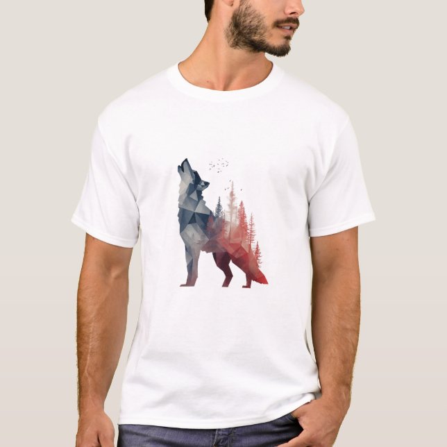 Howling Wolf – Dubbelexponerad Skogs Konst T Shirt (Framsida)
