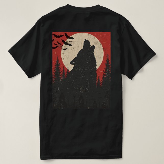 Howling Wolf Full Moon Retro Horror Print T Shirt (Design baksida)