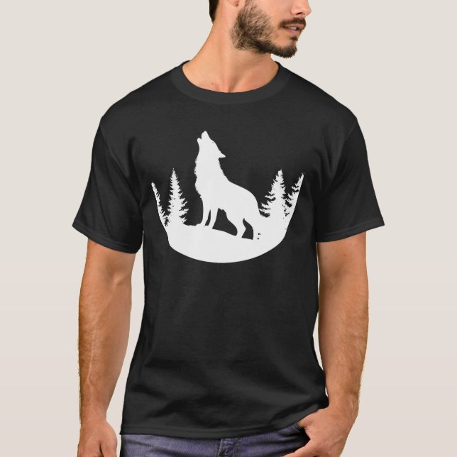 Howling Wolf in Forest Silhouette Design Black and T Shirt (Framsida)