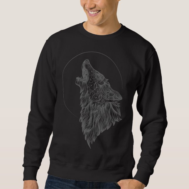 Howling Wolf Moon Mandala Occult Wolf Lång Ärmad Tröja (Framsida)