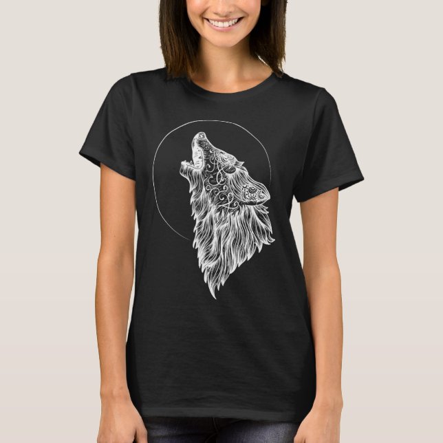 Howling Wolf Moon Mandala Occult Wolf T Shirt (Framsida)