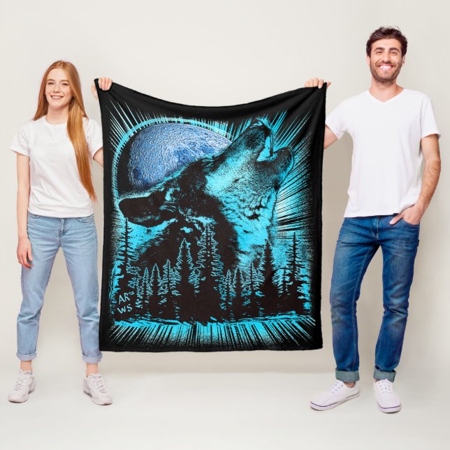 Howling Wolf Moon Pine Forest Art Fleecefilt (På plats)