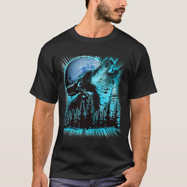Howling Wolf Moon Pine Forest Art T Shirt (Framsida)