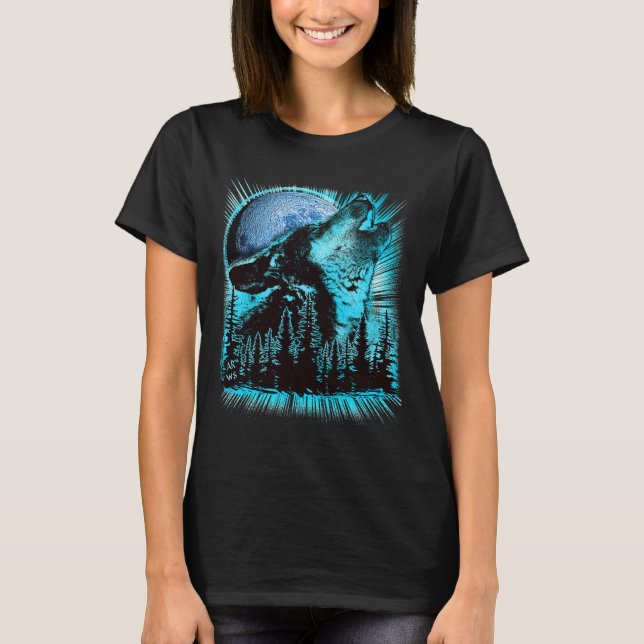Howling Wolf Moon Pine Forest Cool T Shirt (Framsida)