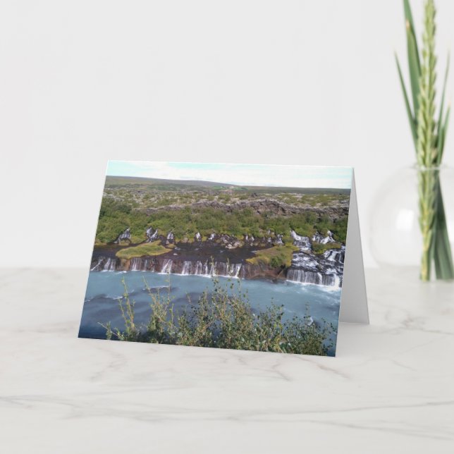 Hraunfossar-vattenfall i hälsningskort för Island Kort (Framsida)