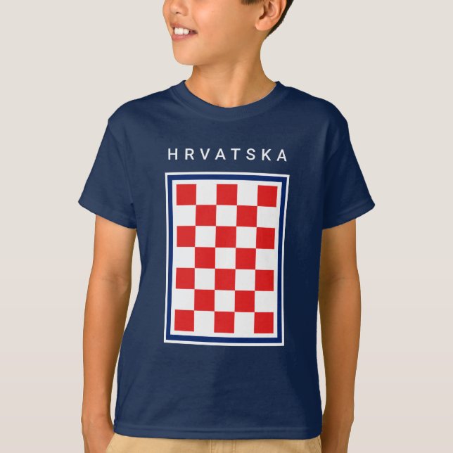 Hrvatska Checker Blue Border T Shirt (Framsida)