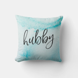 Hubby-handskriven akvablått vattenfärgkudde kudde