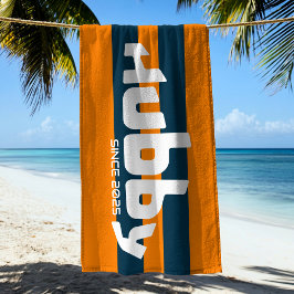 Hubby Newlyged Groom Orange & Navy Beach Towel