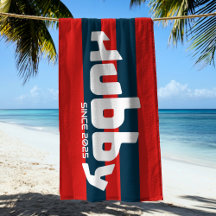 Hubby Newlyged Groom Red & Navy Rand Beach Towel