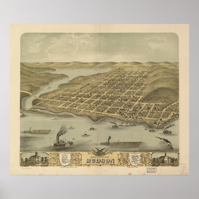 Hudson WI 1870 Antique Panoramic Karta Poster (Framsidan)