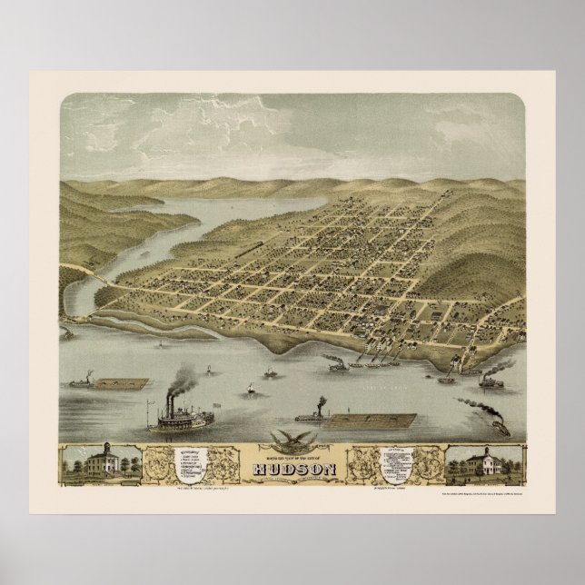 Hudson, WI Panoramic Karta - 1870 Poster (Framsidan)