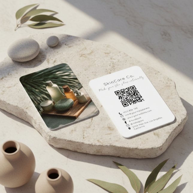 Hudvårdsvarumärke Affärs kort med Foto och QR-kod (Skapare uppladdad)