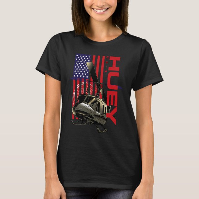 Huey Militär Helicopter-flygplan Amerikanska Flagg T Shirt (Framsida)