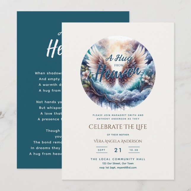 Hug från Heaven Dikt Firande i Life Beeral Inbjudningar (Fram/baksida)