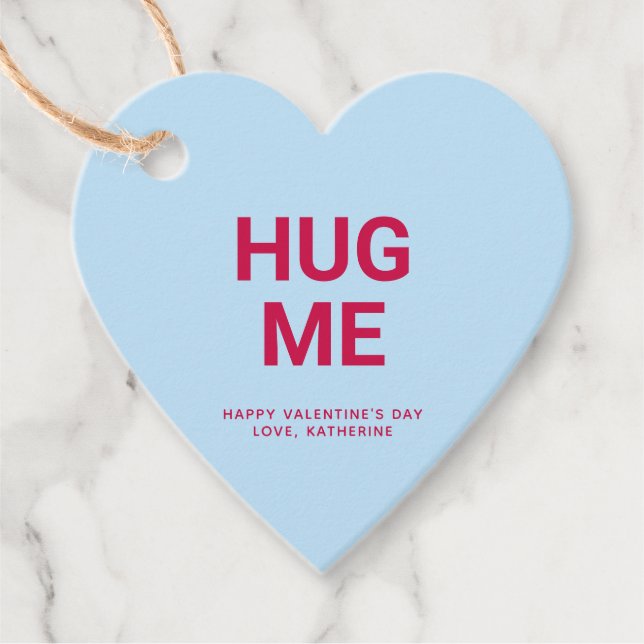 Hug mig blått hjärta, roligt, gulligt, Valentindag Gåvor Etiketter (Framsida)