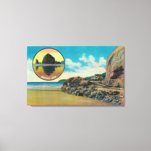Hug Point i Cannon Beach och Haystack Sten Canvastryck (Framsida)