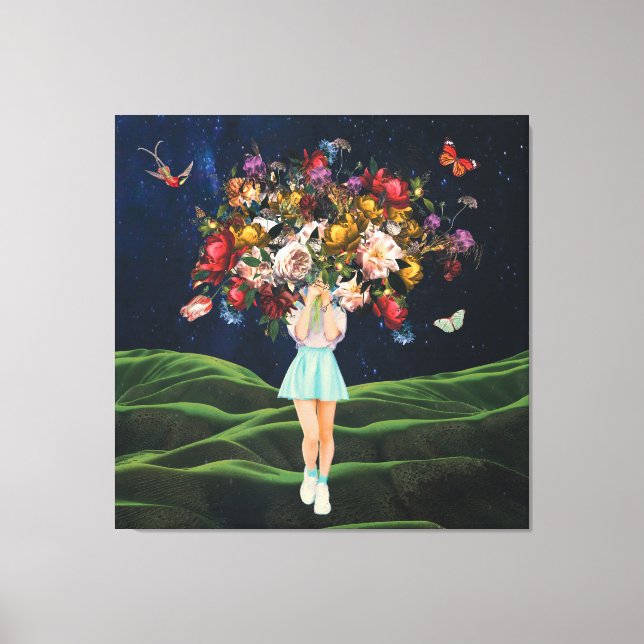 Huge Bouquet Girl Mörk Himlar Surreal Collage Canvastryck (Framsida)
