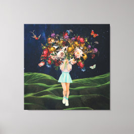 Huge Bouquet Girl Mörk Himlar Surreal Collage Canvastryck