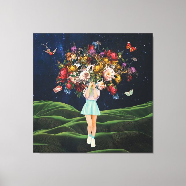 Huge Bouquet Girl Mörk Himlar Surreal Collage Canvastryck (Framsida)