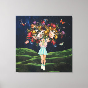 Huge Bouquet Girl Mörk Himlar Surreal Collage Canvastryck