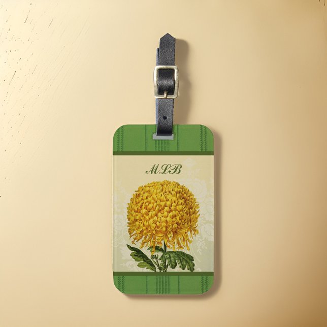 Huge Guld Chrysanthemum med Grönt Damask Monogram Bagagebricka (Skapare uppladdad)