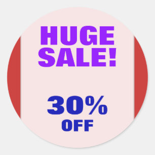 "HUGE SALE!" "30 % AV" Rund fästpunkt Runt Klistermärke