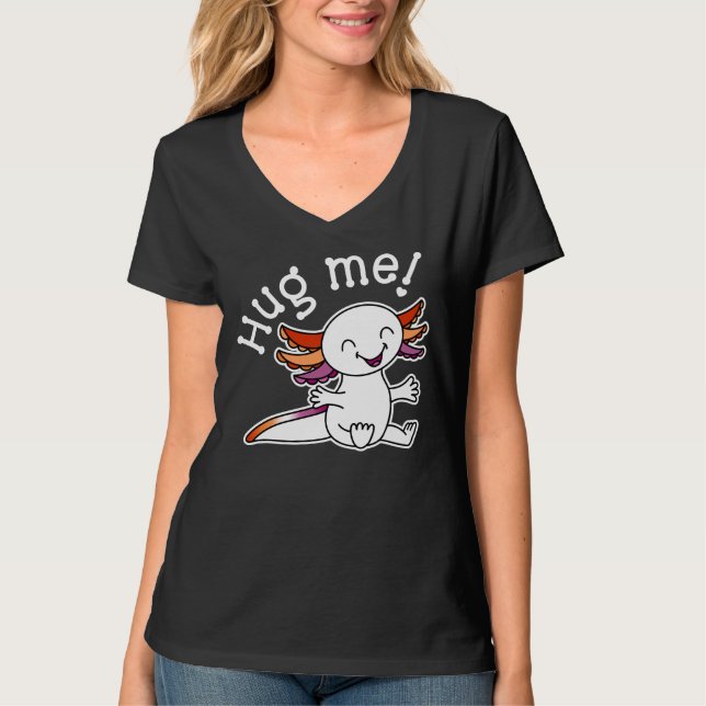 Hugga mig! Cute Axolotl i Lesbisk Pride färg T Shirt (Framsida)