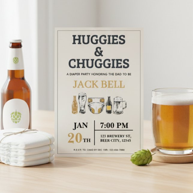 Huggies and Chuggies Invitation Inbjudningar (Huggies and chuggies invite on table with beers and diapers)