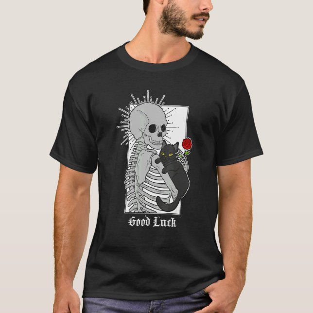 Hugging Cat Flowers Skeleton Black Cat T Shirt (Framsida)