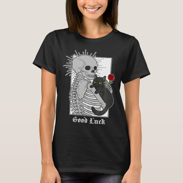 Hugging Cat Flowers Skeleton Black Cat T Shirt (Framsida)