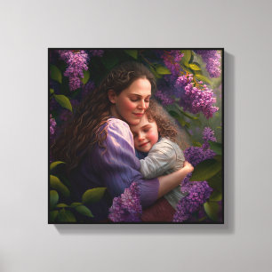 Huggning av mor och barn under Lilac Bush Canvastryck