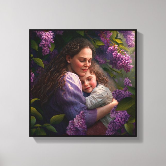 Huggning av mor och barn under Lilac Bush Canvastryck (Framsida)
