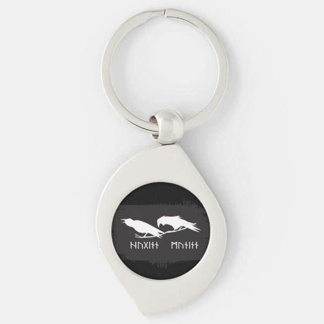 Huginn och Muninn Vikingravens Norstät Ink Swirl Silverfärgad Nyckelring (Framsidan)
