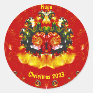 HUGO ~ CHRISTMAS Red Grönt Gult Fractal ~ Runt Klistermärke
