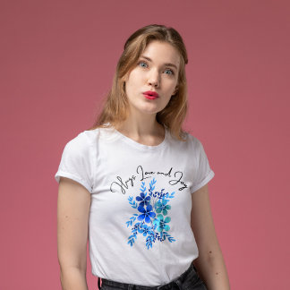 Hugs Kärlek och Joy ,blåa blommor T Shirt