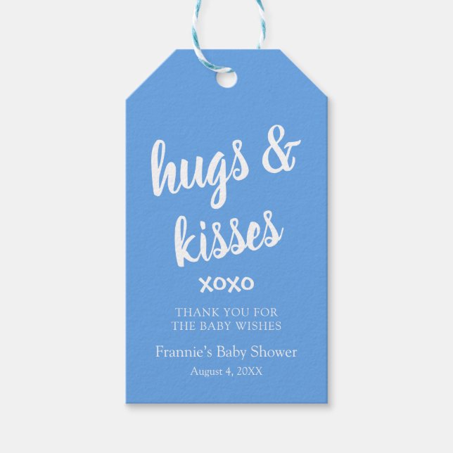 Hugs & Kisses Blue - Tack för Märkrna Baby Shower  Presentetikett (Framsidan)