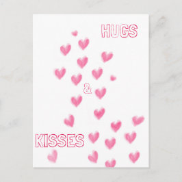 HUGS & KISSES - Cute Rosa Watercolor Hearearwards Vykort
