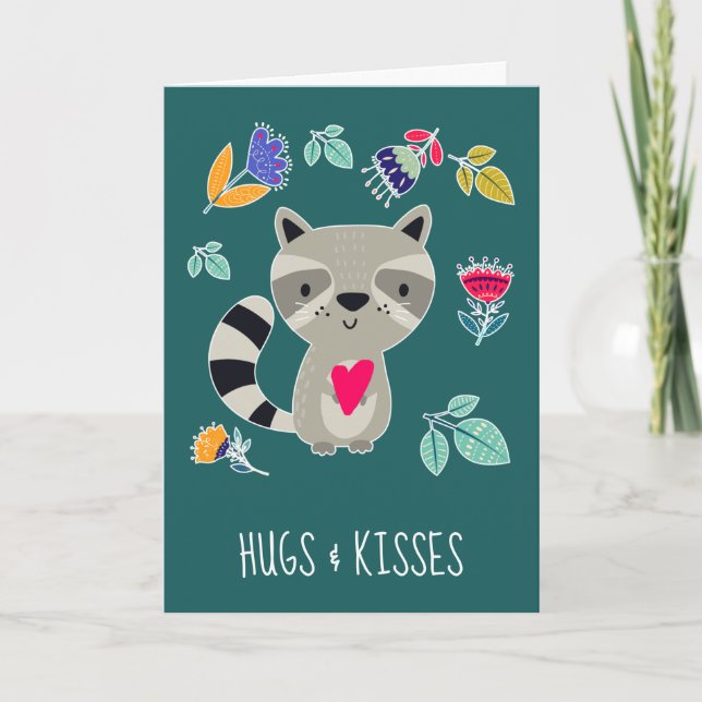 Hugs & Kisses. Den konstiga Raccoon Valentindagen Helgkort (Framsida)