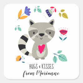 Hugs & Kisses Funny Raccoon Valentine Day Fyrkantigt Klistermärke