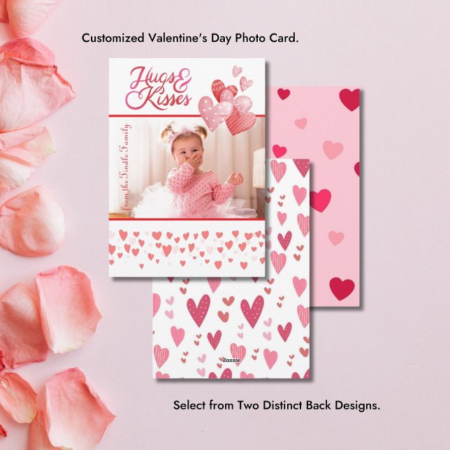 Hugs & Kisses Photo Valentine Lodrät Hearts Julkort (Vertical Valentine's Day Greeting Card)