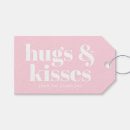 Hugs & kisses rosa, vit modern, fetstil presentetikett