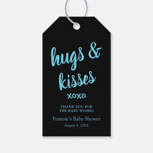 Hugs & Kisses Teal-tack för Märkre med babyutställ Presentetikett (Framsidan)