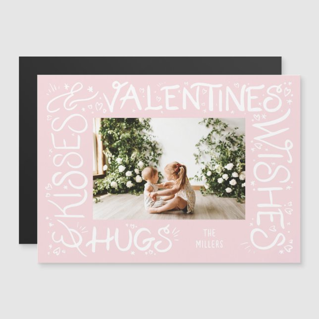"Hugs & Kisses & Valentines Önskemål" Handskrift Magnetisk Inbjudningskort (Fram/baksida)