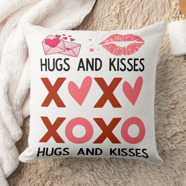 "Hugs & Kisses" Valentintypografi Kudde (Filt)