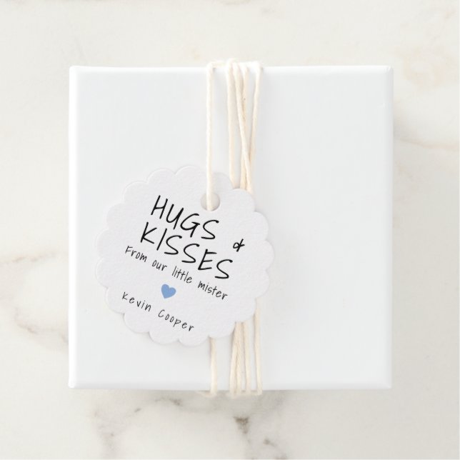 Hugs och Kisses Blue Heart Cute Boy Shower Gåvor Etiketter (På plats)